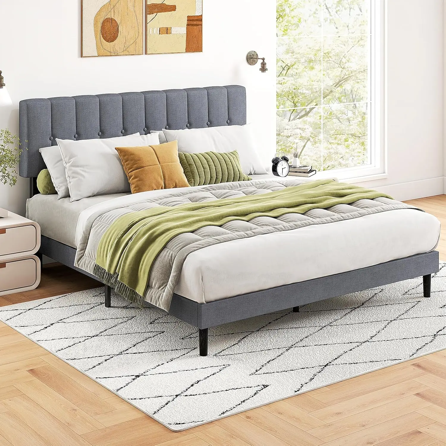 Bed Frame - Fabric Upholstered Platform Bed with Headboard, 800LBS Sturdy Wooden Slats Support, No Box Spring Needed, Noise Free, Easy Assembly, Grey