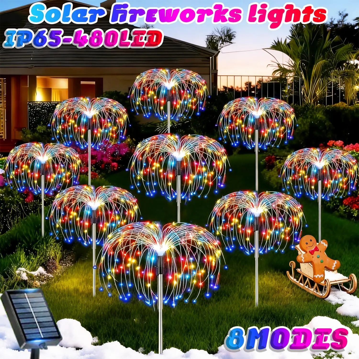 8‑Pack/480‑LED Solar Firework Fairy Lights. Solar Landscape‑operated outdoor lights offer 8 lighting modes with twinkle effects. Waterproof multicolor decoration lights perfect for yard, pathway, lawn, pool, patio and Christmas decor.