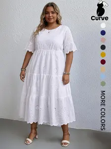 【Plus Size】 Plain Eyelet Embroidery Casual Dress, Boho Fashion Round Neck Short Dress for Daily Holiday Vacation Wear, Women Plus Clothing for Summer