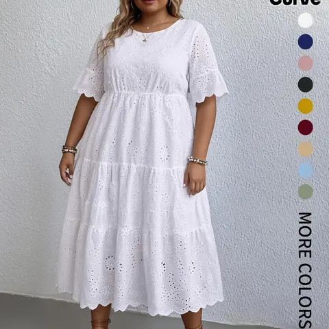 Plus Size Lightweight Plain Eyelet Embroidered Dress, Boho Style Bohemian Fashion Round Neck Short Sleeves Casual Dress for Daily Wear, Holidays and Vacations, Women's Plus Clothing for Summer, Womenswear