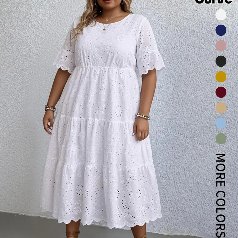 Plus Size Lightweight Plain Eyelet Embroidered Dress, Boho Style Bohemian Fashion Round Neck Short Sleeves Casual Dress for Daily Wear, Holidays and Vacations, Women's Plus Clothing for Summer, Womenswear