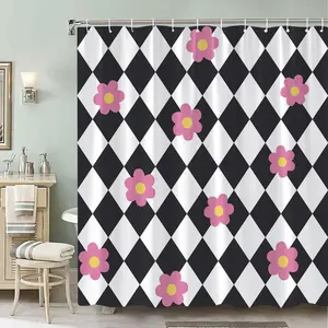 1pc Black and White Checkered Pattern with Stylized Pink Flowers Shower Curtain Polyester Bathroom Decor with Retro Vintage Aesthetic, 12 Hooks, 70x70 Inch for Nostalgic Bathroom Decor