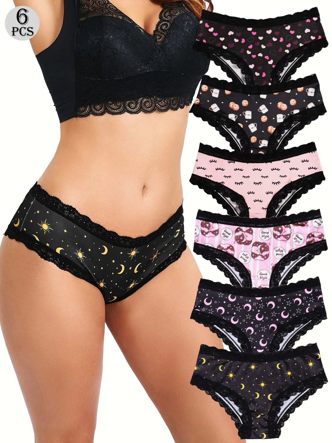 6Pcs Women's Seamless Mid-Waist Print Underwear Set, Printed Panties, Moisture-Wicking Elastic Fabric, Full Coverage Design, Comfortable & Stylish Fit, Womenswear