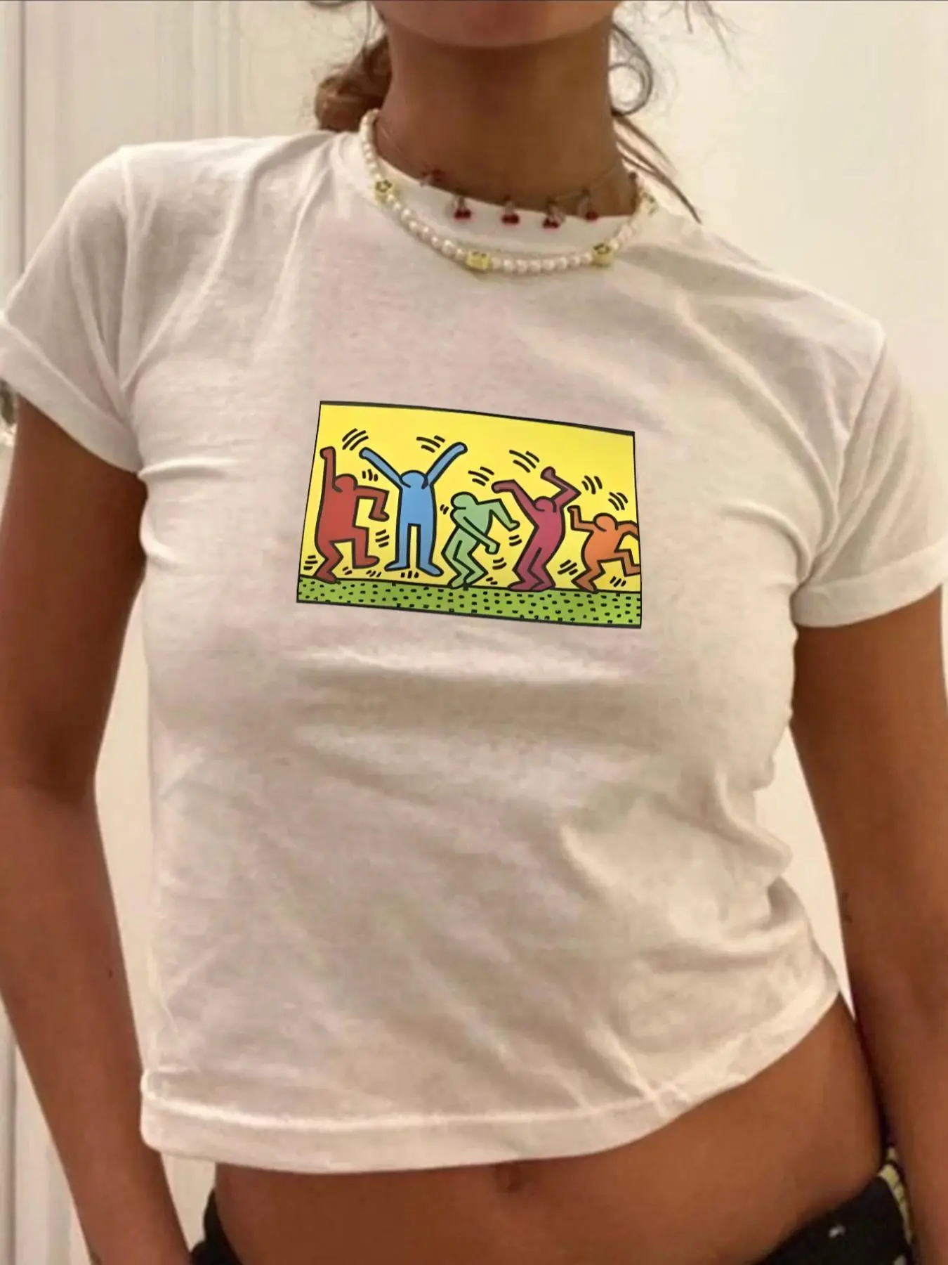 Women's Keith Haring Dance Round Neck Graphic Tee, Vintage Trendy Casual Short Sleeve T-shirt for Daily Wear, Ladies Summer, Top, Casual Everyday Tops, Casual Basic Tee