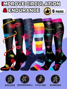 6 pairs of men's and women's compression socks wide calf men's and women's booster socks for circulation, running, nurses, pregnant women Support for blood circulation Various colour patterns available