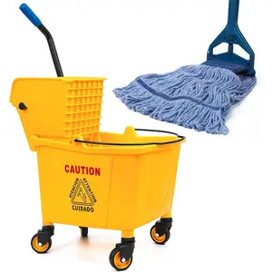 35 Quart Commercial Mop Bucket with Side Press Wringer on Wheels and 1 Industrial Mop for Floor Cleaning, Use at  Business Area, Janitorial Supplies, Rectangular