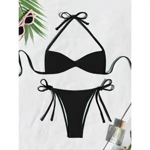 Women's Two-piece Plain or Colorblock Bikinis Set for Summer, Halter Tie-Back Bikini Top & Tie-Side High-Cut Bikini Bottom, Ladies Summer Swimwear for Beach Holiday