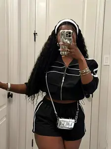 Sexy Women's Two-Piece Set, Long Sleeve Zipper Contrast Webbing Shorts, European and American Casual Style, Ladies Fashion Streetwear