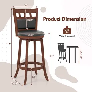 COSTWAY - Wood Swivel Bar Stools Set of 2 with Faux Leather Upholstered Seat and Back-Brown