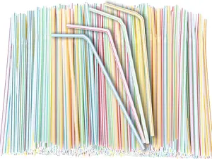 300PCS  Disposable Plastic Drinking Straws - Flexible Straws Disposable 8.3" Long, Colorful Plastic Striped Assorted Colors for Home Use Milk Juice Drinks