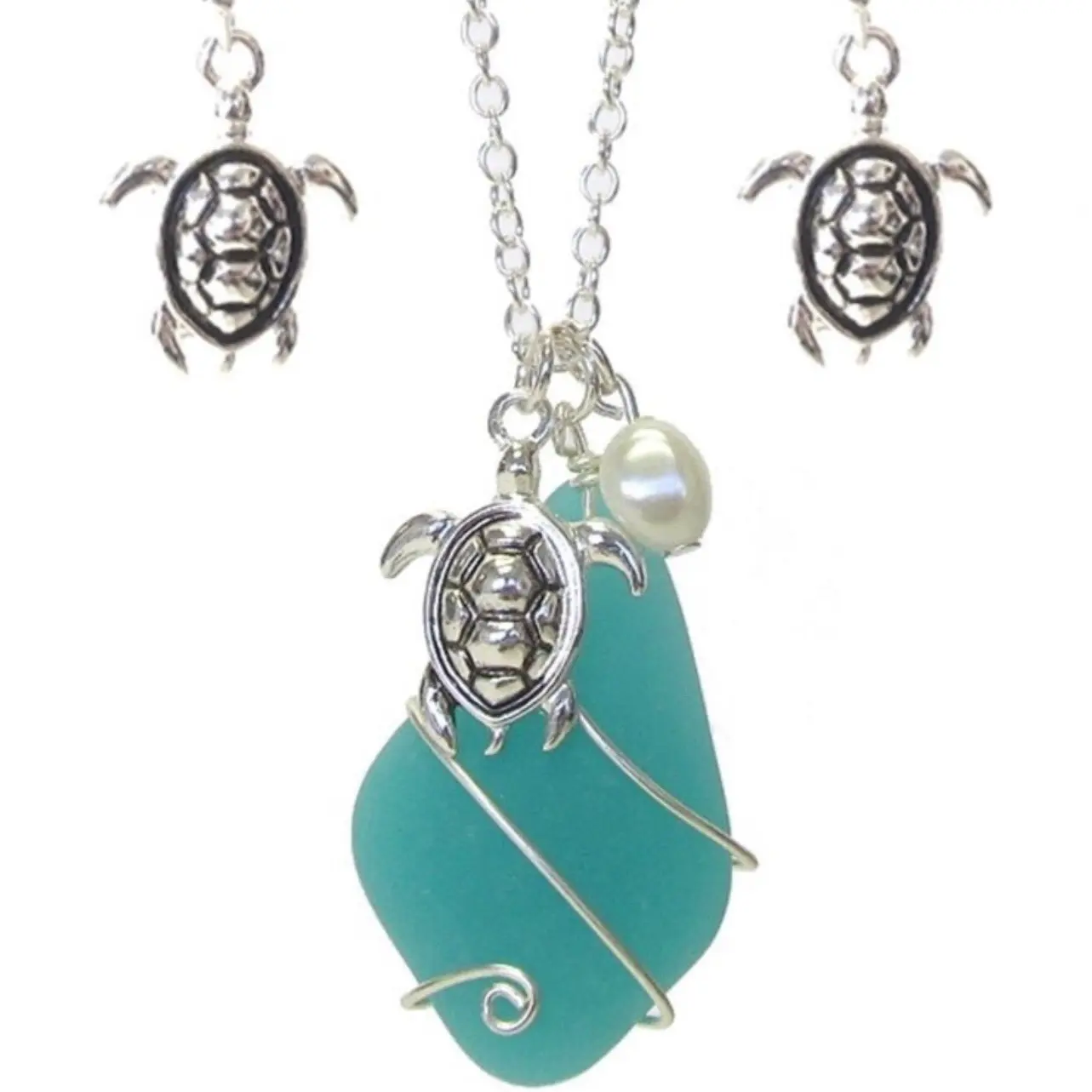 Sea glass wire wrap and fresh water pearl pendant necklace set - turtle