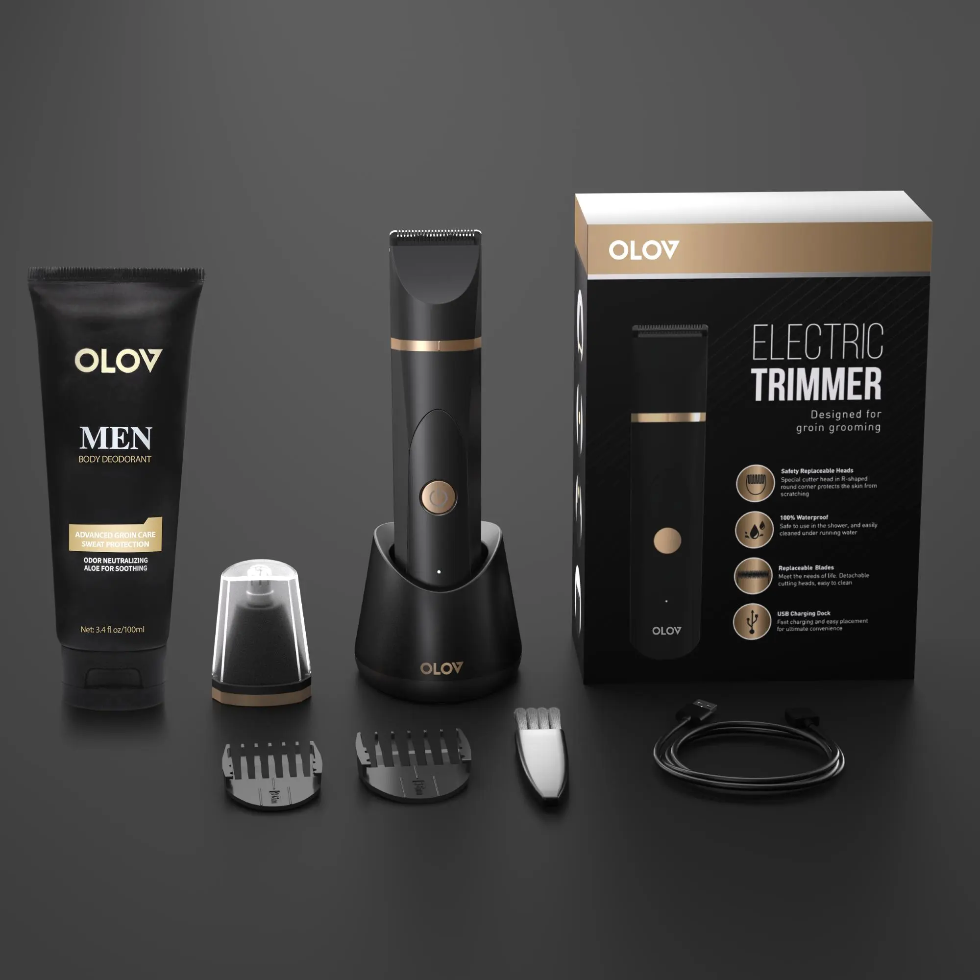 OLOV Male Use Groin & Body Trimmer, Multifunctional Rechargeable Cordless Hair Groomer with Safe Ceramic Blade, Anti-Nick Waterproof Showerproof Hair Trimmers & Clippers Kit with Charging Dock, Showerproof Body Trimmer