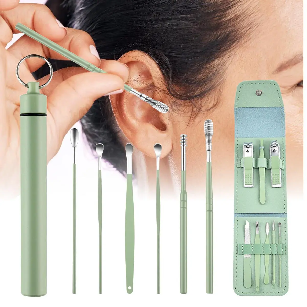 14-Piece Ear Wax Removal & Manicure Kit |Professional Ear Wax Remover + Nail Tools | Hygienic Portable Leather Case for Travel/Home/Gift