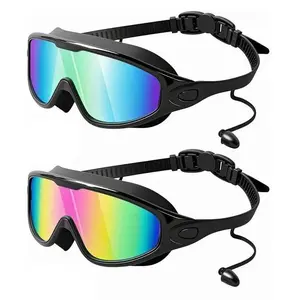 Swim Goggles 2 Pack for Men Women , Wide View 180° Anti-Fog UV Protection Swim Glasses, No Leaking Comfortable Fit, Easy Adjust with Waterproof Earplugs, Bright Multicolor Lens for Outdoor Swimming Summer Fun