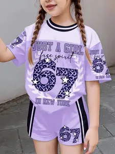 Leopard Print Number Graphic Kids Sports Set, Girls Short Sleeve Shorts Two-Piece, Summer Casual Fashion Wear