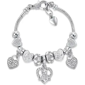 Charm Bracelet for Women, Heart Shape Glass Beads Sliver CZ Cross Snake Chain Bracelet, Trendy Charm Bracelet Jewelry Gifts for Women