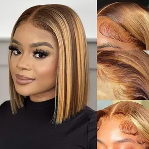GK Highlight Bob Wig Human Hair 4/27 Honey Blonde 13x4 HD Lace Front Wigs Human Hair Pre Plucked with Baby Hair 200% Density Glueless Ombre Colored Straight Short Bob Wigs for Women 12 Inch