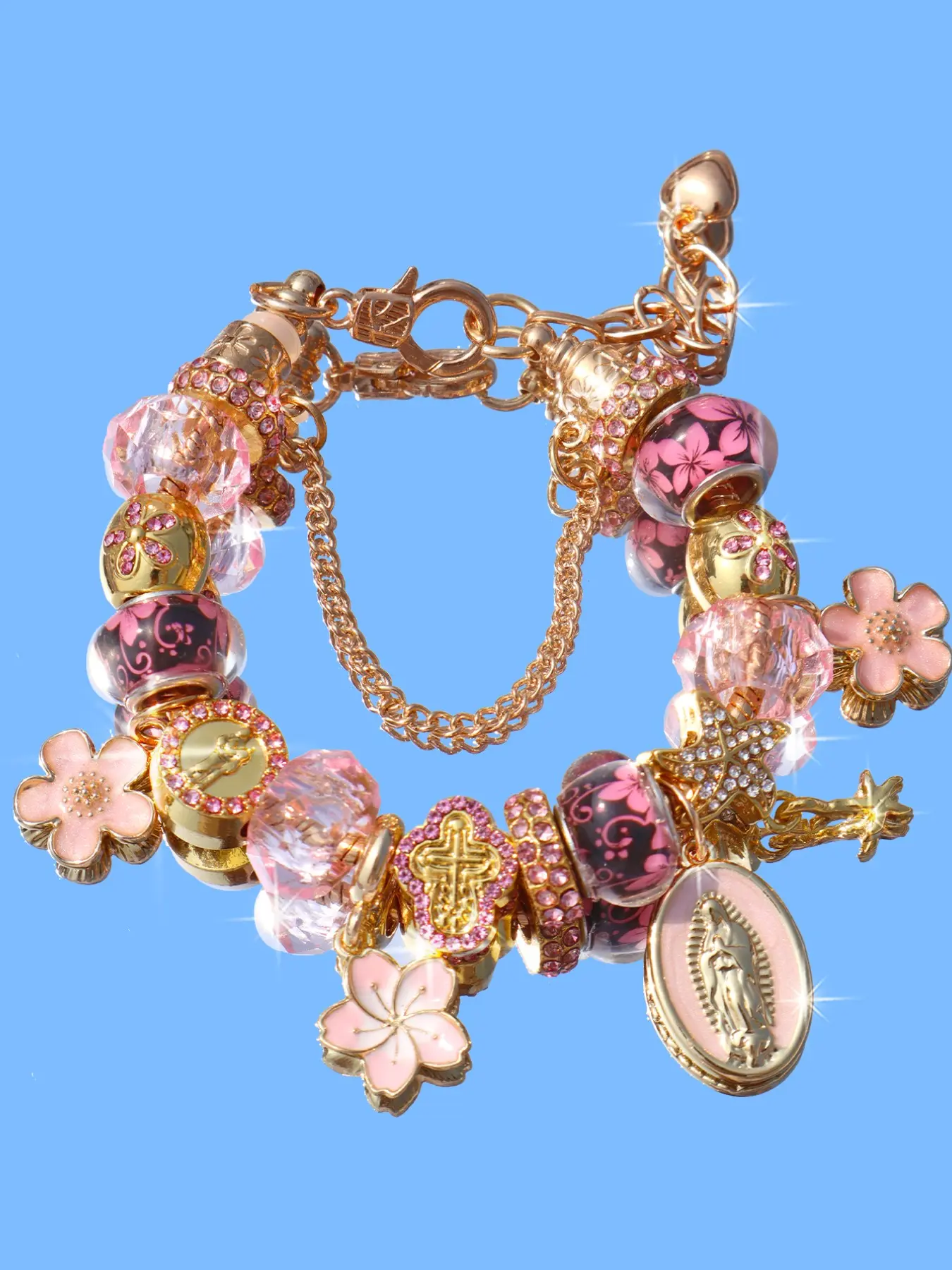 Religious Cherry Blossom Cross Charm Bracelet, Blue Cherry Blossom Star Turtle Charm Bracelet, Religious Cherry Blossom DIY Bracelet, Elegant Jewelry Bracelet, Religious Jewelry Gift, Faith Jewelry, Cross Bracelets