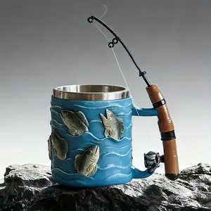 Fishing-themed mug, stainless steel beer cup designed specifically for fishing enthusiasts--3D fish shape and fishing rod handle design, perfect gift for anglers, creative beer cup for home bar