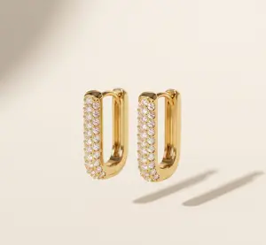 Pavé CZ Rectangular 15mm Hoop Earrings – 18K Gold Stainless Steel