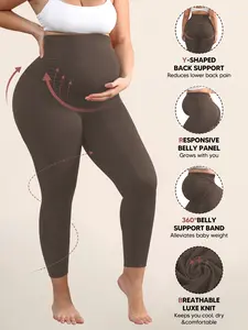 Maternity Seamless 360° Belly Support Full Length Leggings, Women's High Waist Activewear, Y-Shaped Back Support, Pain Relief Panel, Espresso Color, Maternity Clothes