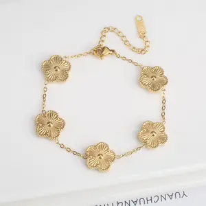 Stainless Steel Laser Five Leaf Flower Petal Adjustable Clover Bracelet Classic for Woman Girl Brand Jewelry Party Gift