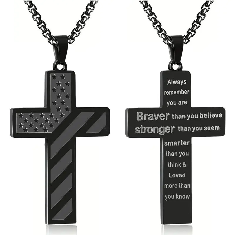 Black Cross Necklace for Men Bible Verse Stainless Steel Cross Pendant Chain American Flag Necklaces Religious Christian Jewelry Gifts