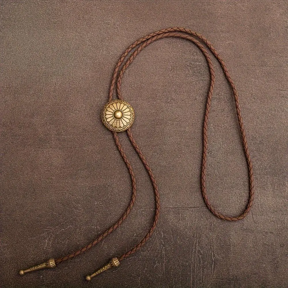 1 piece of retro bolo tie collar rope, in the style of Western cowboys. It is a bolo leather rope necklace with circular patterns and a long necklace.