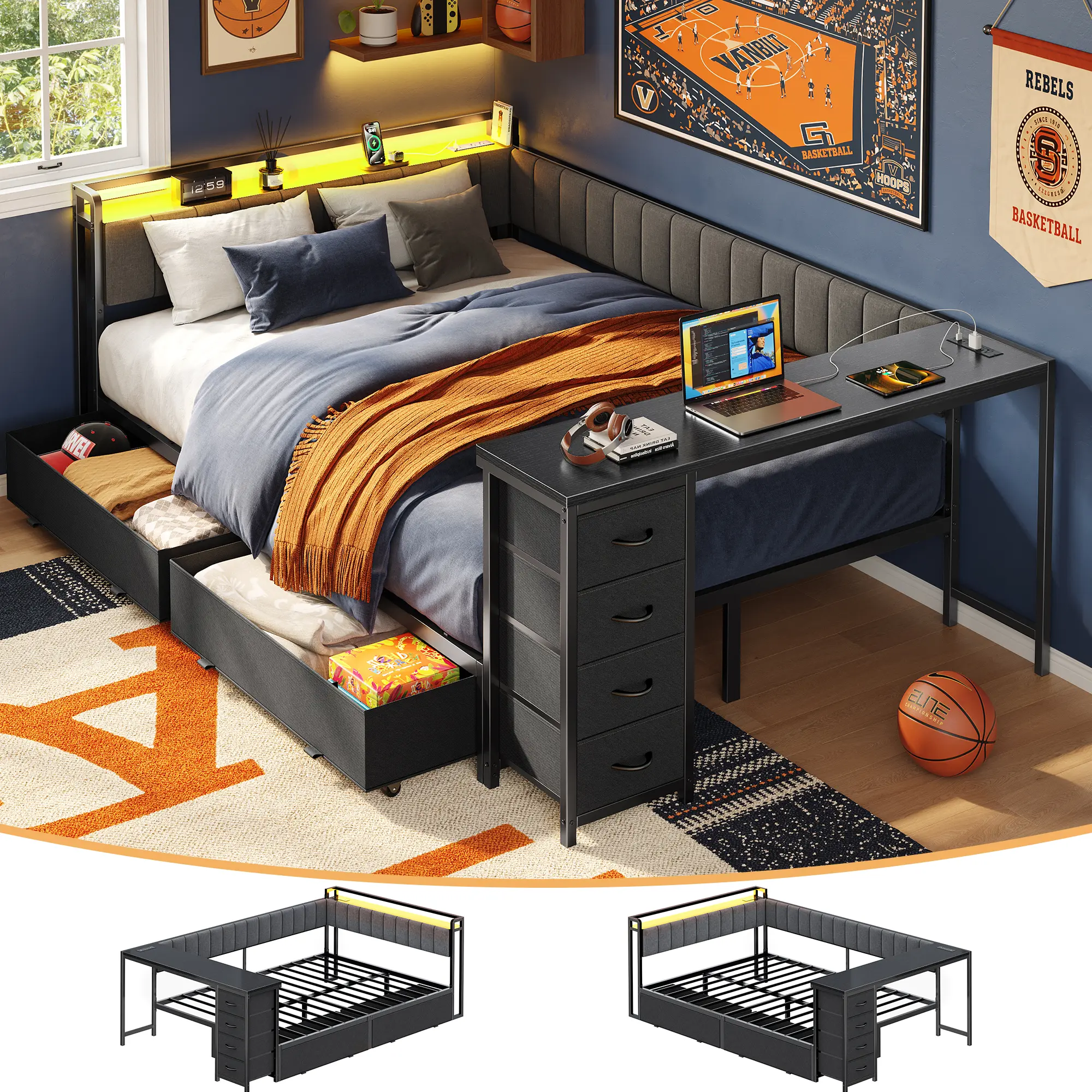 PRAISUN Full Corner Bed Frame with Desk, LED Light, 2 Charging Stations | 6 Storage Drawers, Upholstered Headboard & Side Panels, Study Desk with Power Outlets, Daybed with Storage, for Teens