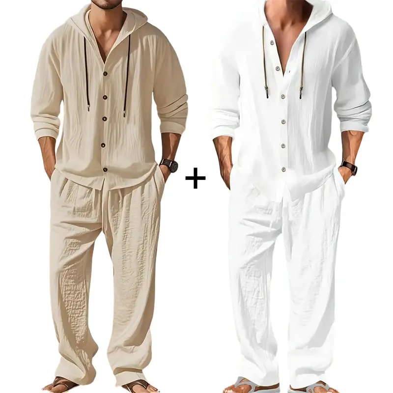 Men's linen new summer bestsellers two-piece set: hooded long-sleeve button-upshirt with drawstring + loose drawstringpants. Lightweight, comfortable, breathablefabric. Men's beach vacation, leisure,everyday minimalist casual athletic outfit.