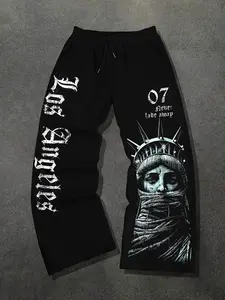 Men's Gothic Liberty Print Wide Leg Sweatpants, Elastic Waist Drawstring, Loose Fit Y2K Streetwear, Casual Pants with Letter Design