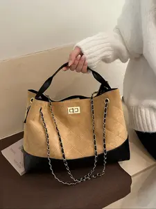 Fashion Patchwork Diamond Quilted Bag, Large Capacity Tote, Chain Design Handbag, Shoulder Bag, Crossbody Bag, Casual, Shopping, Commute, Date, Pu Tote Satchel, Elegant Bags
