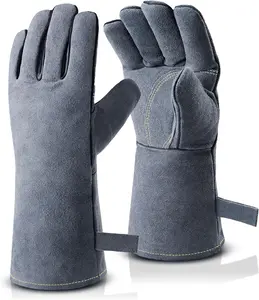 OZERO 932°F Heat Resistant Forge Welding Gloves 14 inches Cowhide Leather - Long Sleeve and Insulated Lining Grill Glove for Tig Welder/Mig/Barbecue/Stove Gray