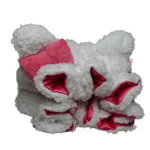 Boncap Luxury White Teddy Satin-Lined Bonnet - Soft Fleece & Satin Lining with Adjustable Drawstring & Plush Bowtie Detail for Cozy Comfort & Frizz-Free Hair Care