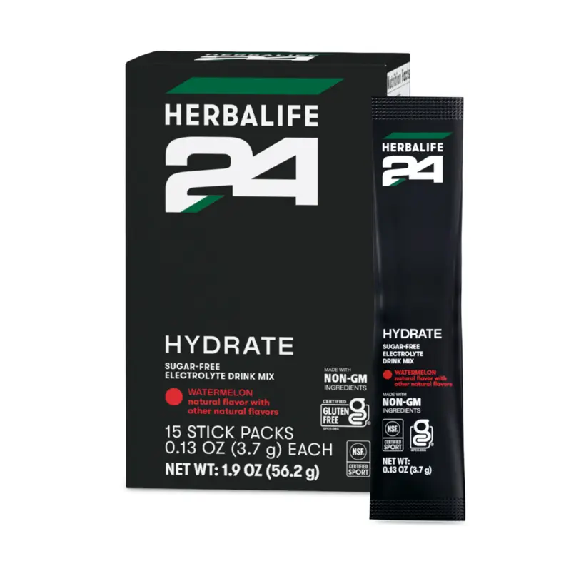 Herbalife24 Hydrate Sugar-Free Electrolyte Drink Mix Watermelon | 625 mg Electrolytes | Vitamins B6 & B12 | 20 Stick Packs | Vegan | Gluten Free | Non-GMO | Watermelon Flavor | 3.7 g Per Stick | SKU 596K | Herbalife24 Product | Drink Mix