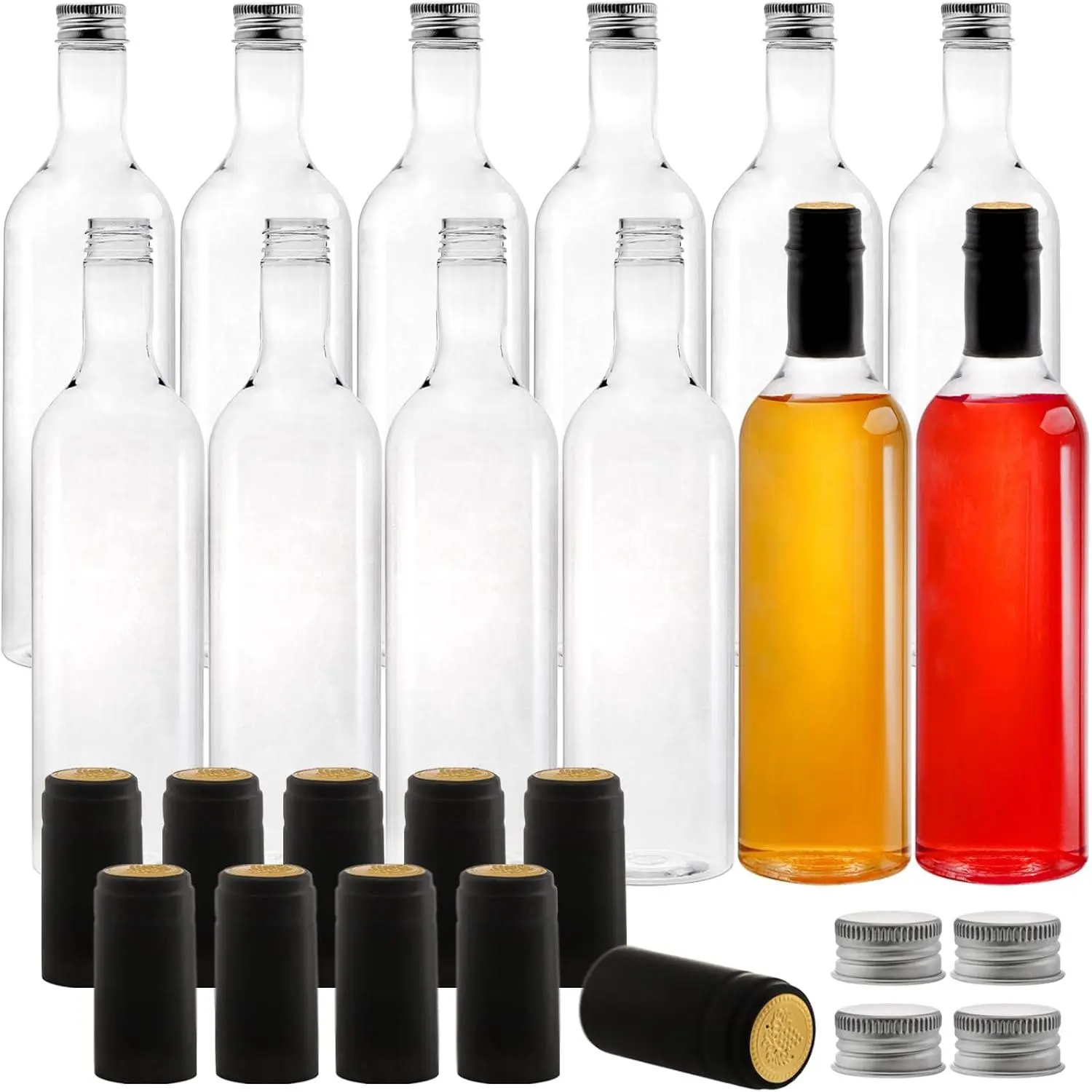 12 Pack Plastic  Bottles, 750ml Clear Empty Bordeaux-Style  Bottles with Screw Lid and Shrink Capsules Caps