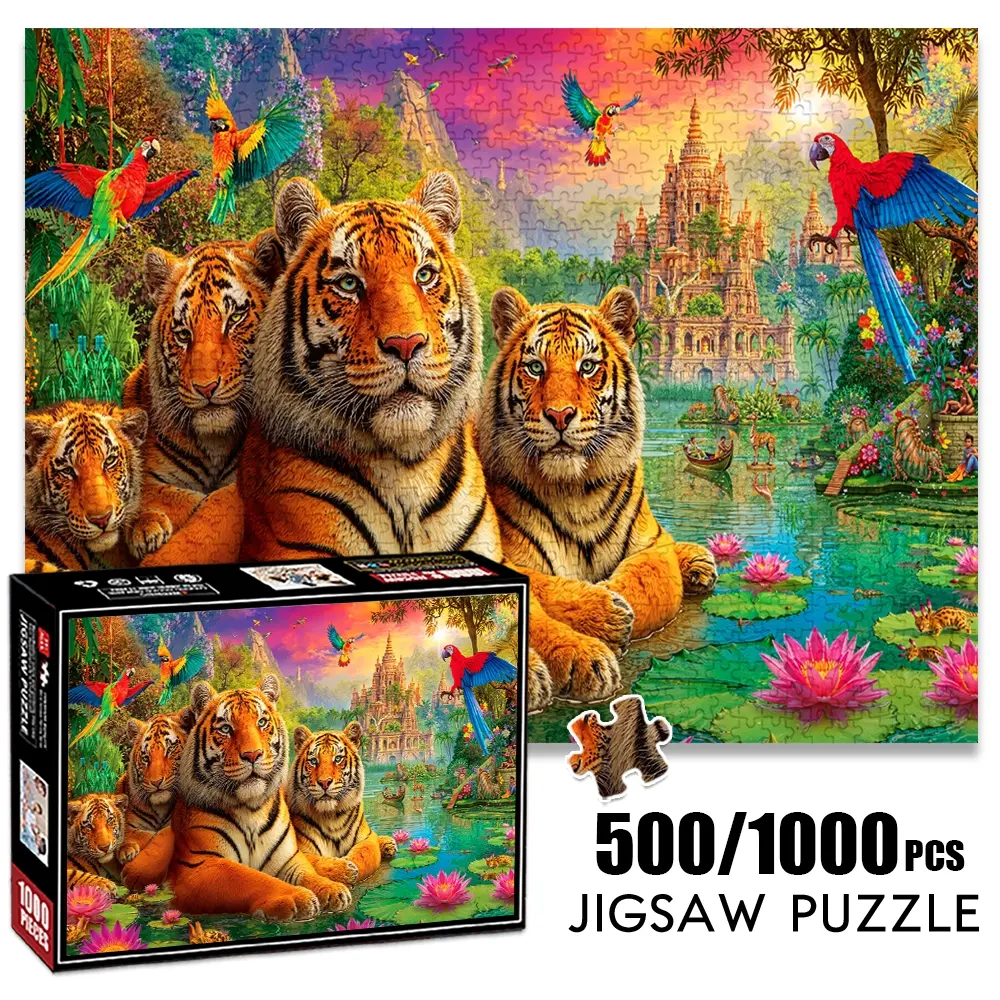 1pc 1000 piece adult Family Puzzle 70x50cm Tigers, Parrots and Exotic Temple Landscape 500 pieces paper jigsaw puzzle suitable for DIY creative games for adults and families, birthday and holiday stress re