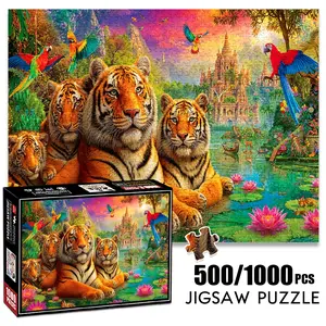 1pc 1000 piece adult puzzle 70x50cm Tigers, Parrots and Exotic Temple Landscape 500 pieces paper jigsaw puzzle suitable for DIY creative games for adults and families, birthday and holiday stress re
