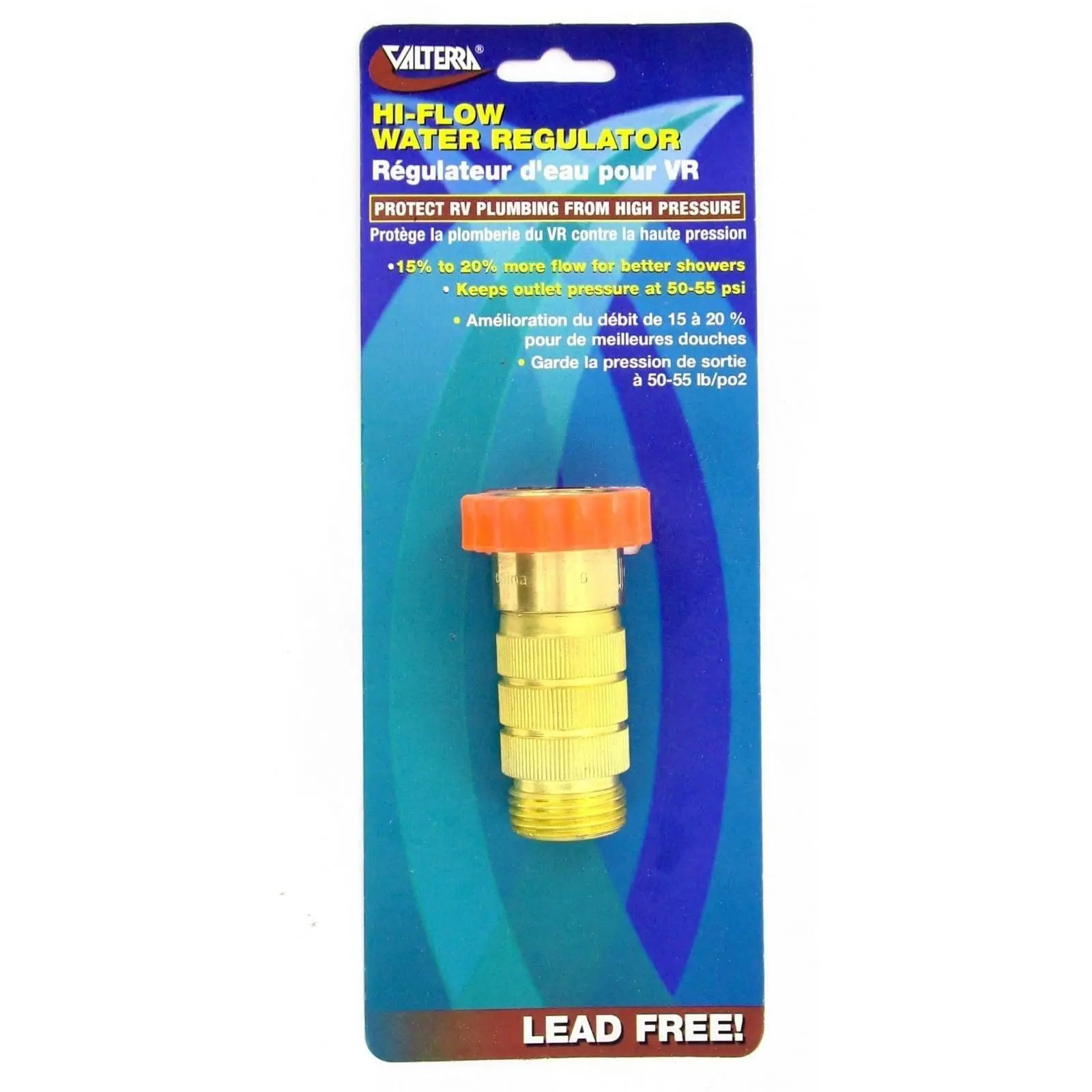 Valterra RV Hi-Flow Water Regulator, Lead-Free Brass Hi-Flow Water Regulator for Camper, Trailer, RV Plumbing System, 50-55 psi - A01-1122VP