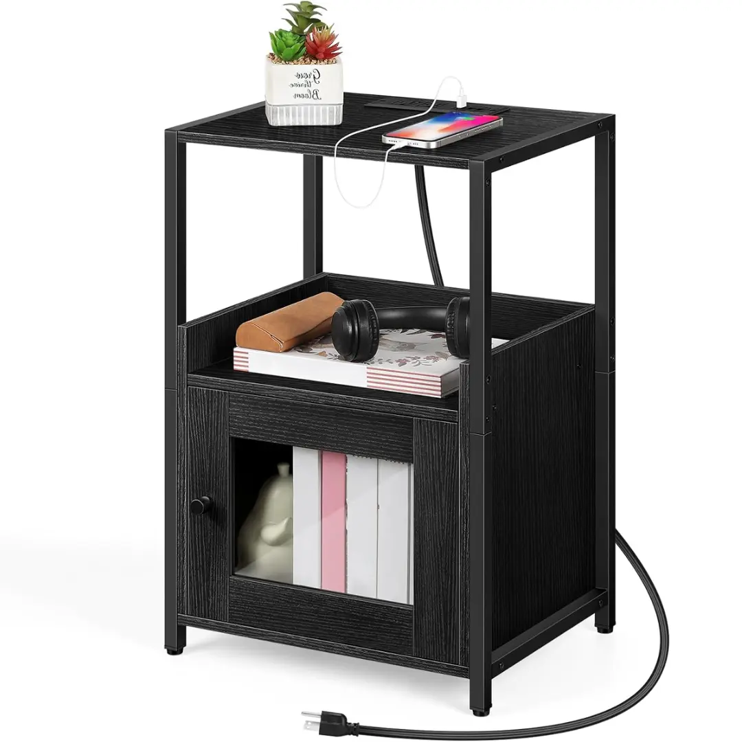 Modern Bedside Table - Black Industrial Indoor Furniture with Charging Port Plug, Storage Shelf, Cabinet, Ideal for Bedroom, Living Room
