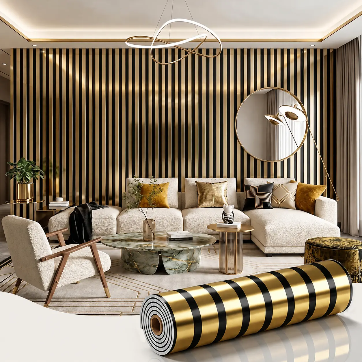 Gold/Silver Foil Wide Striped Peel and Stick PVC Slat Wallpaper, 2 mm Thick Mirror-Reflective, Waterproof & Wear-Resistant Wall Covering for TV Walls, Bedrooms & Commercial Spaces, Peel And Stick Wallpaper, Wallpaper For Bedroom