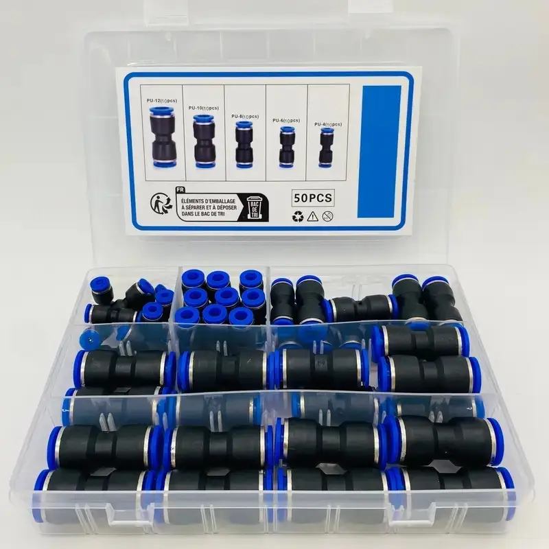 50pcs/box Quick Connect Air Pipe Fitting Kit-Metal Push-in Pneumatic Connector Universal Thread Leak-Proof Easy Install for 5/32 1/4 5/16 3/8 1/2 Inch
