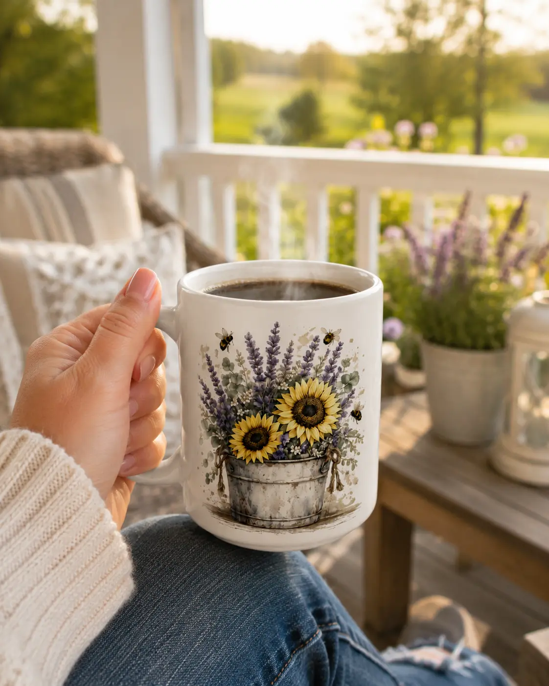 Sunflower Lavender Bee Mug, Farmhouse Coffee Mug, Floral Ceramic Coffee Cup, Rustic Country Kitchen Mug, Cottagecore Coffee Cup, Gift for Mom, Gardener Gift, Bee Lover Gift, 11oz 15oz Coffee Mug,...
