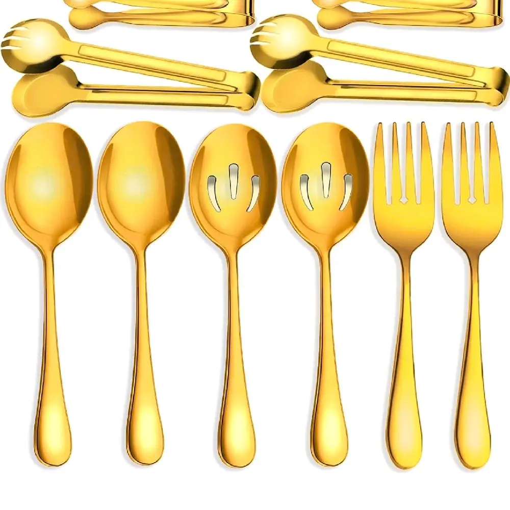 EliteChefs Gold Stainless Steel Serving Utensils Set - Includes Large Spoon, Slotted Spoon, Fork, Tongs, Ice Sugar Tongs; Ideal for Buffet, Catering