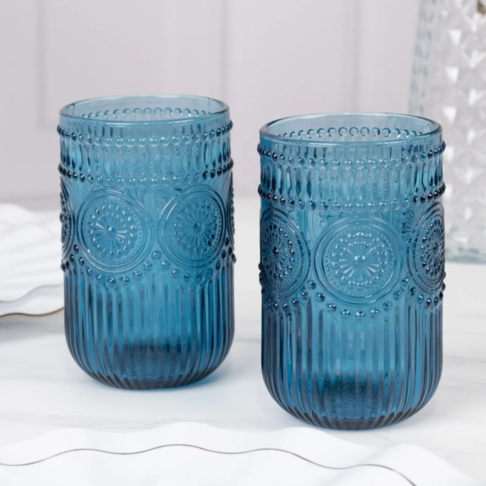 6-Pack Ocean Blue Vintage Embossed Floral Textured Glass Tumblers - 14oz Highball Cups for Drinks, Parties, Cup, Six-Pack
