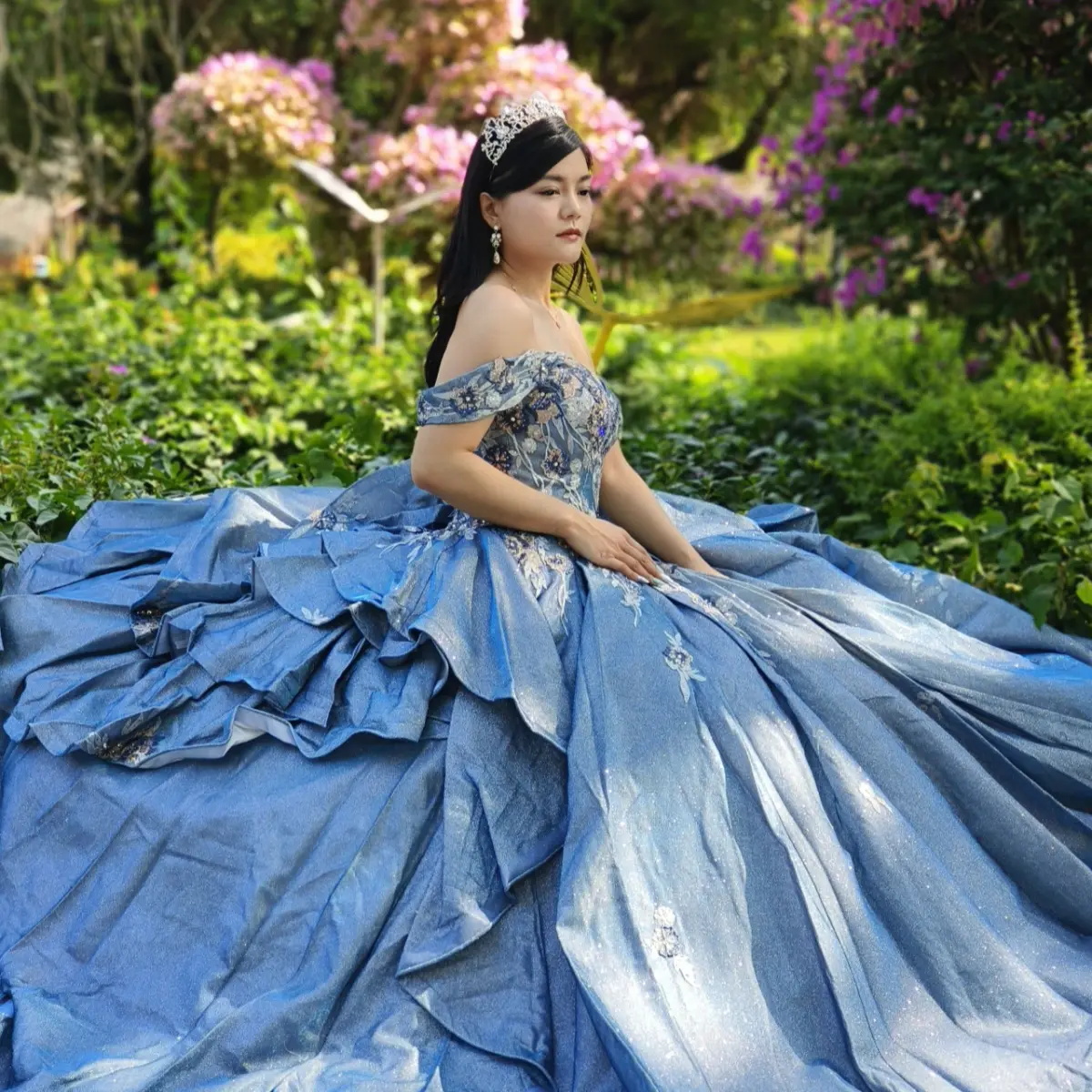 NO.21 Glitter Satin Ball Gown Flounced Back Skirt Moon light Blue, Champagne, Purple Quinceanera Dress Women's Formal Dress