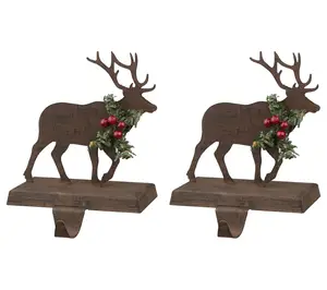 Glitzhome 6.50" Reindeer Wood & Metal Stockingolder S/2