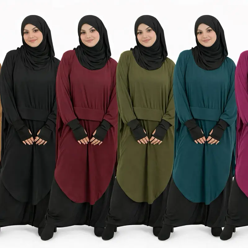 Afiya hooded lycra French jilbab harem set free size modest sport khimar built in niqab with front kangaroo zippered pouch And pant with side pockets loose fit hijab fitness set
