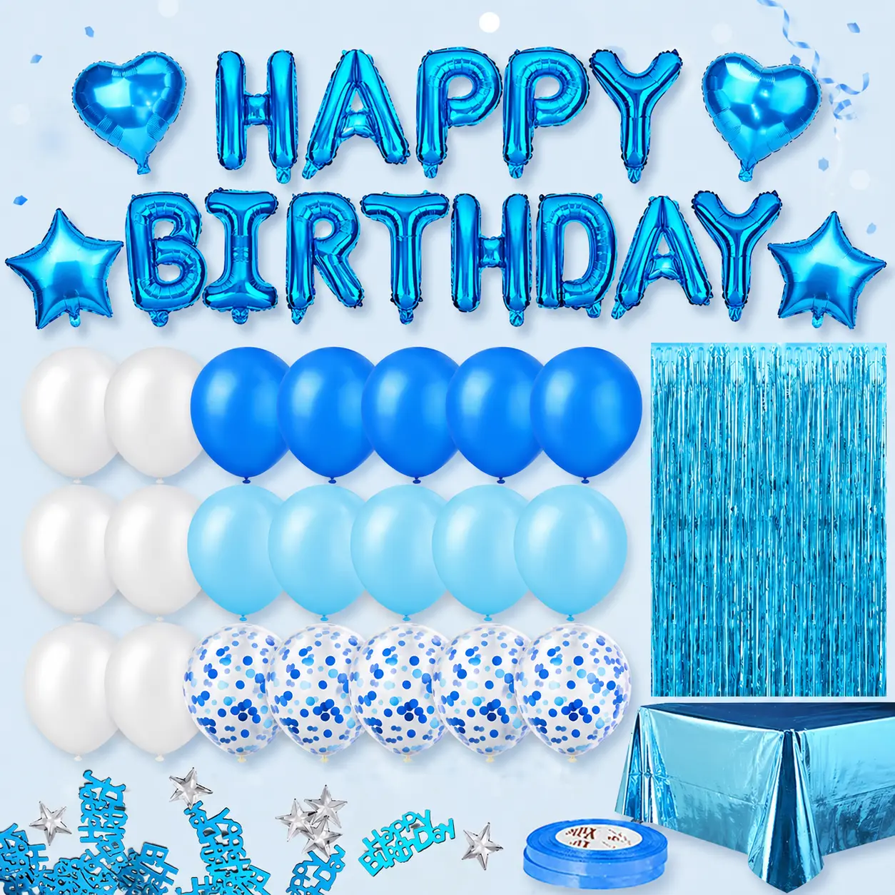 Blue Birthday Party Kit – Happy Birthday Banner, Fringe Curtain, Foil Tablecloth, Confetti Balloons & Table Decor for Kids & Adults Party Backdrop