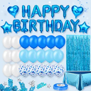 Blue Birthday Party Decorations Set, Happy Birthday Banner with Fringe Curtain, Foil Tablecloth, Confetti Balloons and Table Confetti for Kids Adults Party Backdrop and Dessert Table Decor